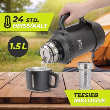 Термос LEBENLANG 2,5 л з чашкою, ситом для чаю та ремінцем | Фляга-термос з нержавіючої сталі, 24 години зберігання тепла | Ізотермос, термокружка