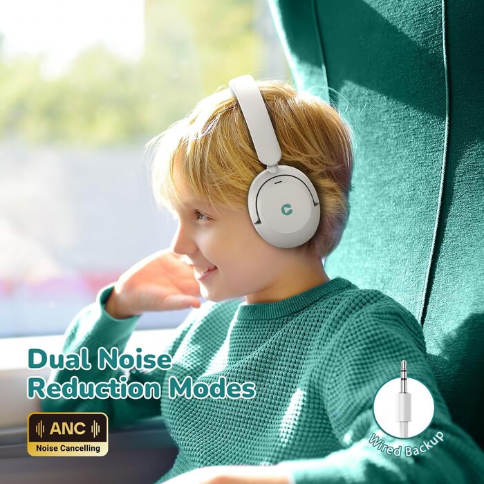 iClever Бездротові навушники з шумозаглушенням для дітей Bluetooth, 60 годин роботи, 80 дBA безпечний рівень гучності, зручна посадка, Bluetooth 5.4, AUX кабель для подорожей, білий/зелений