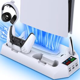 Підставка для PS5 Slim/Pro з зарядною станцією для контролера, RGB-підсвічуванням, вентилятором, тримачем для навушників та USB-хабом, чорно-біла (біла Q211)