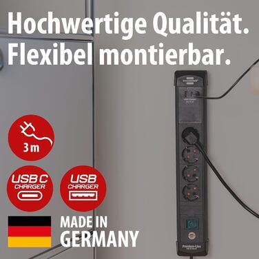 Бренненштуль Premium-Line Розподільник розеток 4-портовий з 2x USB-C PD 65W та USB-A 18W (Made in Germany), з вимикачем та кабелем 3м, для настінного монтажу, чорний