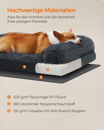 Ліжко для собак Feandrea FluffyHug, XXL, для великих собак, з м'яким наповнювачем, знімний та пральний чохол, 122 x 85 x 19 см, сірий Ombré PGW234G01V1