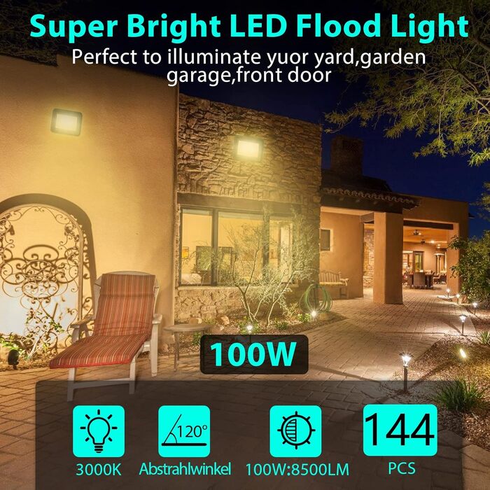 LED прожектори Tubiaz 5 шт., 100 Вт, 1700 Лм, IP66, холодне біле світло 6000K, для вулиці, саду, готелю, спортмайданчика, без штекера