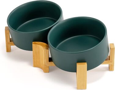 SpunkyJunky Adjustable Ceramic Dog Bowls - 2 Pack, 850ml, Green - Tiltable Pet Food Bowls for Dogs, Cats & Puppies with Bamboo Stand