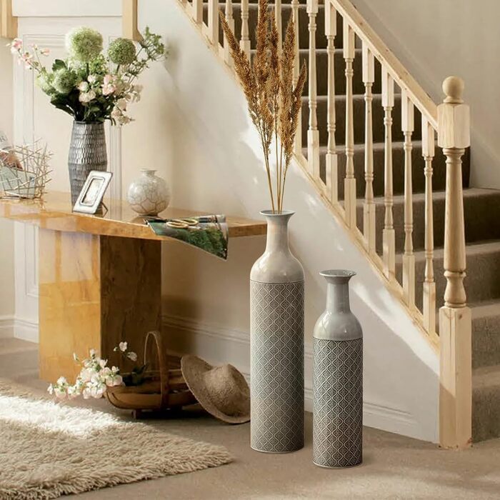 Vintage Black Tall Floor Vase Set of 3 - 68/51/41cm Metal Honeycomb Texture Matte Floor Standing Vase for Living Room, Dining Room, Bedroom, Hallway, Office - Indoor Decorative Vase