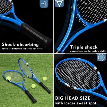 Beginner Tennis Racquet Set for 2 Players - Pre-Strung 27 Inch Adult Racquets with Balls, Overgrips & Carry Bag