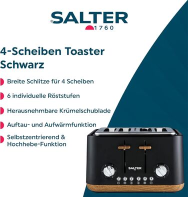 Тостер Salter Toronto 1.7L, 3kW, 360° обертання, фільтр від накипу, дерев'яний дизайн, бездротовий, захист від сухого кипіння, автовимкнення, контролер Otter, чорний