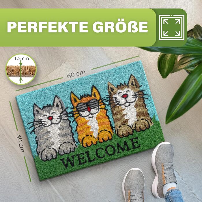 Килимок для домівок з кокосового волокна, 40x60 см - вологостійкий, міцний, для дому та вулиці (Welcome Cats)