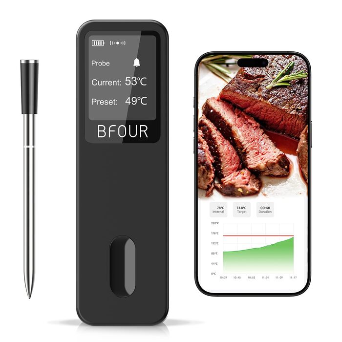 Бездротовий термометр для м'яса BFOUR 2025 з Bluetooth, подвійний сигнал, моніторинг через додаток, водонепроникний IP67, для приготування BBQ, гриля, духовки, коптильні та ротатерії