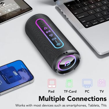 Bluetooth колонка з підсвіткою 25W, Bluetooth 5.4, Dual Bass, 24 год, IPX7 водонепроникна, портативна колонка для вечірок, подорожей, AUX/TF, Чорна