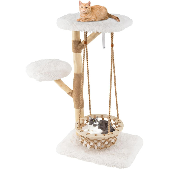 Дерев'яний кігтеточки COSTWAY для котів з гамаком, мотузкою, натуральними гілками та стійкою з джуту, 2 стійки та платформа, кігтеточки для котів, кліматична вежа, натуральний+білий (123 см)