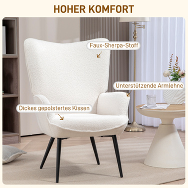 Крісло HOMCOM, оббите крісло-релакс з підлокітниками, металеві ніжки, крісло для відпочинку для вітальні, спальні, кремово-біле | Aosom
