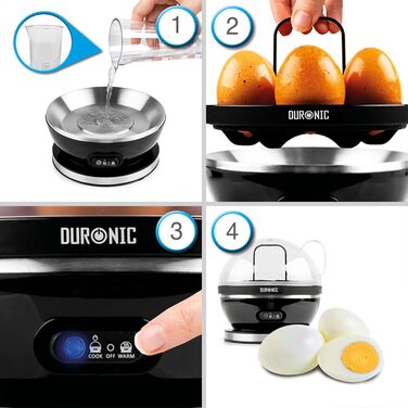Електричний яйцеварка Duronic EB27 WE: 1-7 яєць, регулювання ступеня готовності, таймер, захист від перегріву, мірна склянка та ложка для яєць