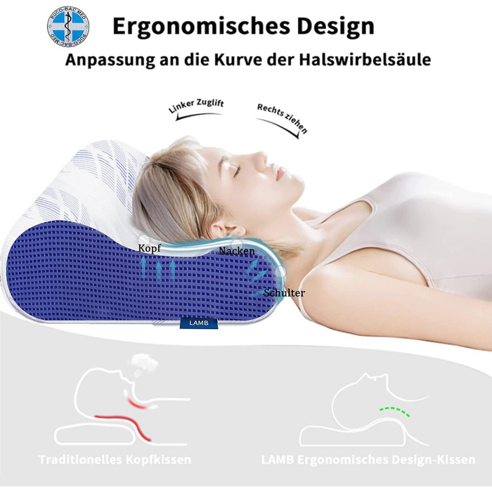 Ергономічна подушка для шиї та голови LAMB з ефектом пам'яті (Memory Foam), регульована висота, для сну на боці, з мийним чохлом, 60x36x12/10 см, синя