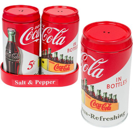 Coca-Cola Metal Shaker Salt and Pepper Shaker Set, Tin Metal, 4 inches (10.2 cm) tall, 1.5 inches (3.8 cm) diameter, embossed logo