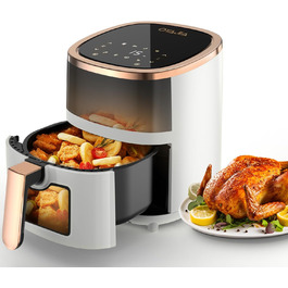 Фритюрниця без олії 6L з 8 програмами, Rapid Air, сенсорний екран, вікно, 200°C, 1200W, для миття в посудомийній машині, гриль, випічка, смаження (Біла)