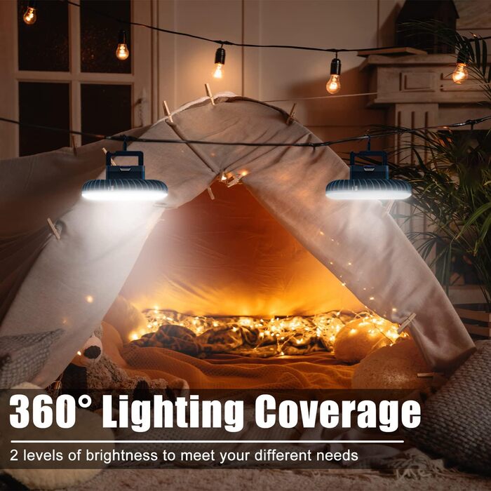 XTAUTO Portable Camping Fan with LED Lantern, Rechargeable, Waterproof, with Hanging Hook, for Indoor and Outdoor, Hiking, Car, Office, Desk, Power Outage, 2 Pack