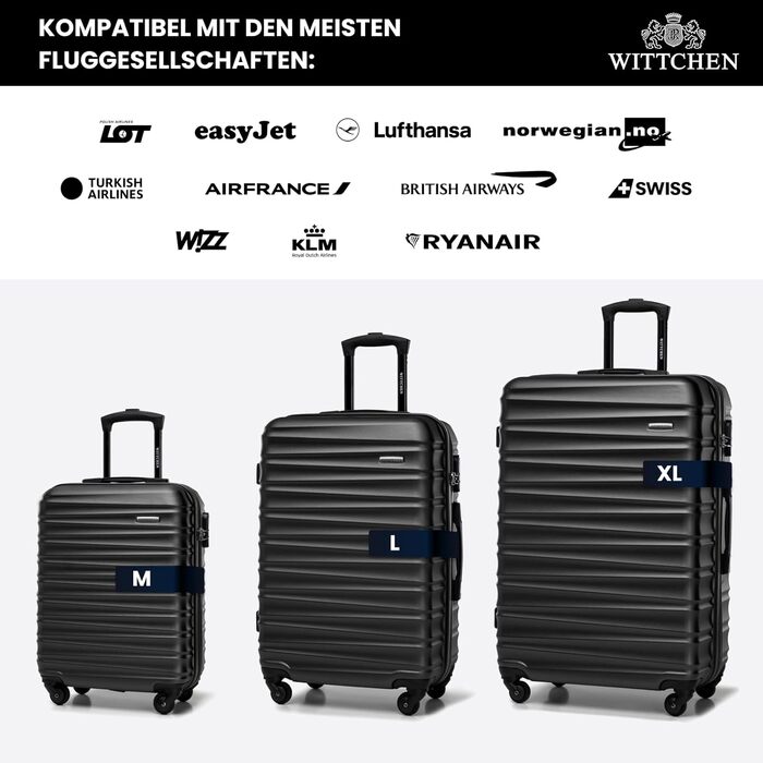 Набір валізWITTCHEN 3в1: велика, середня, маленька. Чорний, ABS, з коліщатками на 360°, TSA-замок. Підходить для Lufthansa, Eurowings, Ryanair, Condor
