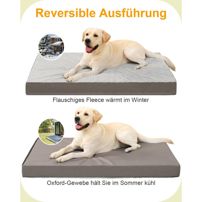 Ортопедичне ліжко для собак великих порід, 105x70 см, знімний чохол, двостороннє, сіре