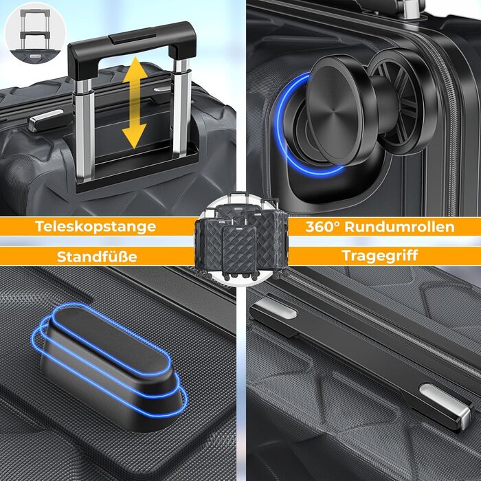 Набір валіз KESSER® 4 шт. | Валізи з ABS, кодований замок, вага валіз, органайзер для подорожей, 360° колеса | Ручна поклажа та великі валізи для бізнесу та подорожей, сірий колір