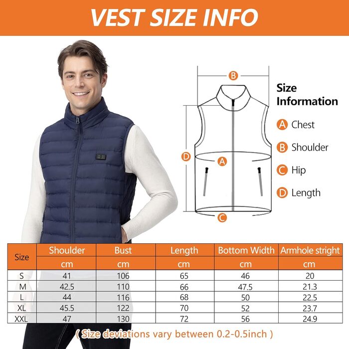 Обогревна жилетка для чоловіків: тепла зимова жилетка з акумулятором 5V 10000 mAh, 3 режими температури, придатна для прання, для активного відпочинку (XL, Синій)