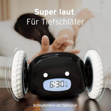 Clocky Loud Alarm Clock - Digital Alarm Clock, Loud for Deep Sleepers, Adults, Teens, Funny, Hard of Hearing, Heavy Sleepers, on Wheels, Runs Away, Driving, Jumping, Rolling Away, Funny Gift (Schwartz)