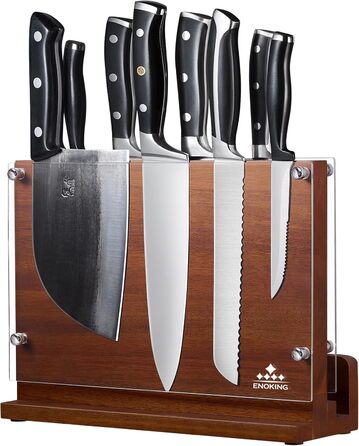 ENOKING Premium Plus Knife Block Magnetic, Magnetic Knife Block with Protection, High-Quality Magnetic Knife Holder, Acacia Wood Cutting Board with Double-Sided Strong Magnet for up to 14 Knives