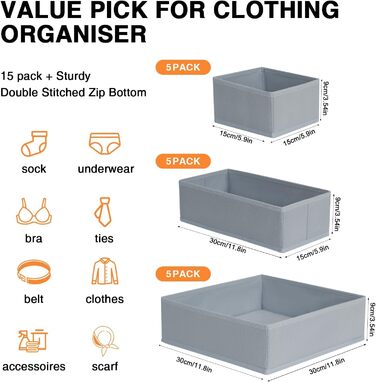 Drawer Organizer - Foldable Underwear Organizer Storage Box Fabric 16 Pieces Closet Organizer for Clothes, Socks (15 Pieces, Gray)