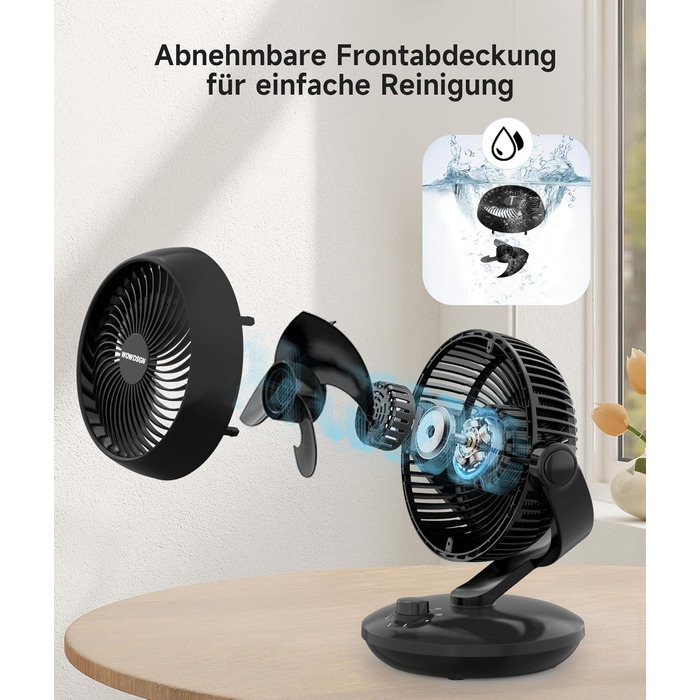 WOWDSGN Вентилятор для дому: тихий настільний циркулятор повітря 24dB, 3 швидкості, 100°/80° осциляція, чорний Xd-1586fc