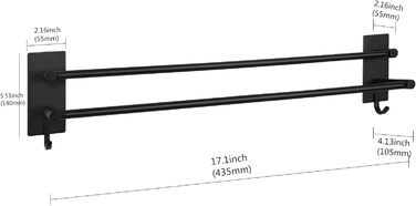 Тримач для рушників на стіну без свердління, SUS304 нержавіюча сталь, 3 стійки, 2 гачки, чорний (43.5 см)