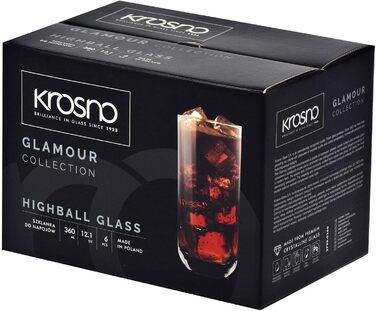 Krosno Long Drink Glasses, Water Glasses, Drinking Glasses | Set of 6 | 360 ML | Glamour Collection | Perfect for Home, Restaurants, and Parties | Dishwasher Safe