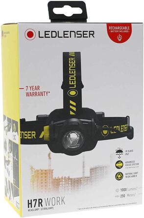 Налобний ліхтар Ledlenser H7R Work, 1000 люмен, акумуляторний, LED, водонепроникний IP67, високий CRI, фокусування, димер, 250 м, з кріпленням для шолома та магнітним USB-кабелем