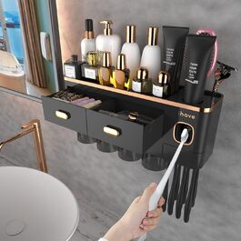 IHave Toothbrush Holder Wall-Mounted, Bathroom Toothbrush Holder with Toothpaste Dispenser, 3 Cup Toothbrush Holder with Drawer, Large Capacity Toothbrush Organizer Bathroom (4 Cups, Black Gold)