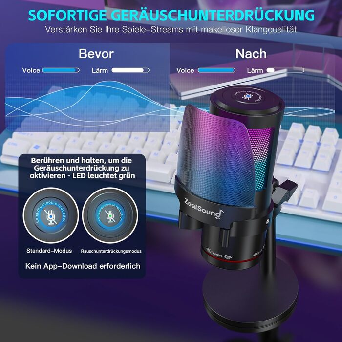 Zealsound USB мікрофон для ПК та мобільного телефону: RGB, з регулюванням гучності, кнопкою вимкнення звуку, поп-фільтром, тримачем-амортизатором та підставкою. Для подкастів, стрімінгу, Discord, YouTube, TikTok (KM8)