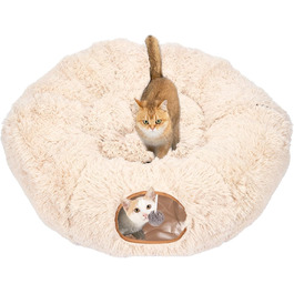 Cat Tunnel with Central Cushion, Soft Cat Toy Round Multi-Function Cat Bed - (Beige)