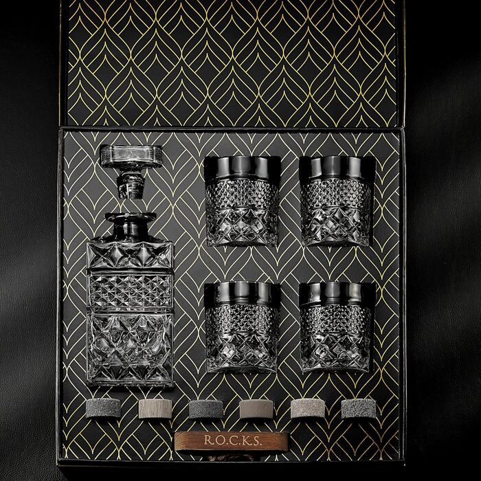 Набір віскі Rocks: 4 склянки, гранітні охолоджувачі, скляна декантирувальна карафа – ідеальний подарунок для дегустації скотчу, бурбону та лікеру