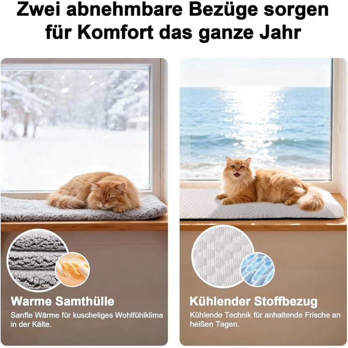 Килимок-ліжко для котів Pet Prime на підвіконня, 90 x 28 см, сірий, з 2 чохлами, теплий та прохолодний, машинне прання