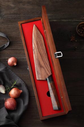 Японський ніж для кухні XINZUO Damaststahl 21.5 см, Kiritsuke, професійний, ручної роботи, з нержавіючої сталі Дамаск, дерев'яний потиск, магнітний чохол, подарункова коробка з акації