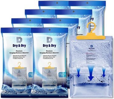 Dry & 8 Pack [Net 14 oz/Pack] Premium Hanging Moisture Absorbers to Control Excess Moisture for Basements, Closets, Bathrooms, Laundry Rooms. Ultra strong