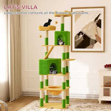Великий котячий комплекс Kratzbaum 208 см з 3 анти-нахилом, 15 стовпчиками для дряпання, 2 платформами, 2 ховалами, 1 рампою для дряпання та гамаком. Стабільний котячий будиночок для великих котів (зелений + жовтий)