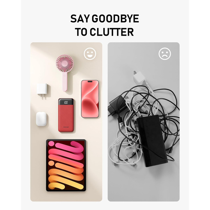 Powerbank Charmast 10000mAh з вбудованими кабелями, 6 виходів, 3 входи, USB-C, для iPhone, iPad, Samsung, червоний