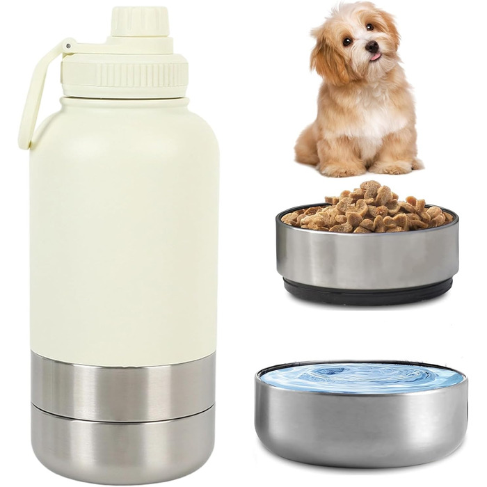 Водяна пляшка для собак Pets 950мл з мискою та ручкою, ізольована, нержавіюча сталь, BPA-free, для подорожей та прогулянок (кремово-білий, L)