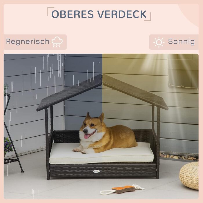 PawHut Лежанка для собак на вулицю з дахом, піднята лежанка для маленьких та середніх собак, прохолодна лежанка для домашніх тварин з металевим каркасом, подушка для вулиці, 69 x 98 x 70 см, кавово-коричневий колір