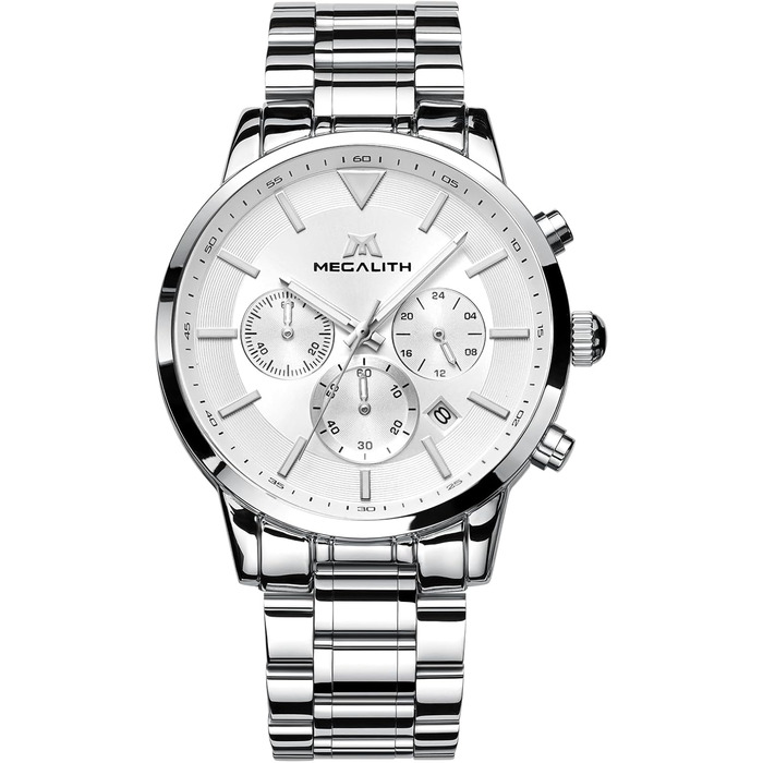 Чоловічий годинник MEGALITH з нержавіючої сталі, хронограф, водонепроникний: велике циферблат, дата, стильний подарунок для чоловіків (8345 Silver)