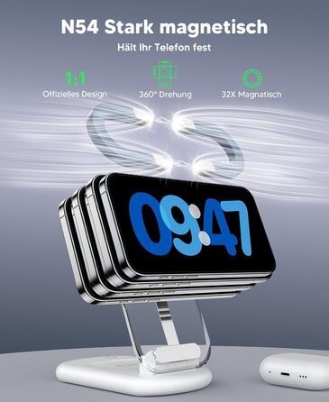 Зарядний пристрій MagSafe 3-в-1 для iPhone 17/16/15/14/13/12 Pro Max/Air/Plus/Pro та Apple Watch 10/9, AirPods 3/2/Pro (сріблястий, 2 шт.)