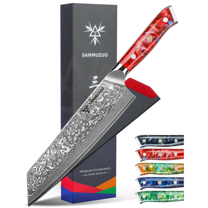 Ніж Kiritsuke Damast Xuan, 22 см, сталь VG10, ручка з смоли (сапфірово-синій) - Кухонний ніж для нарізки