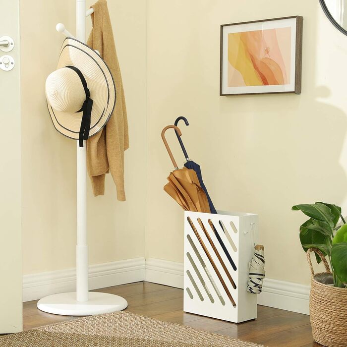 SONGMICS Rectangular Metal Umbrella Stand with Hooks and Water Tray - White LUC03WT