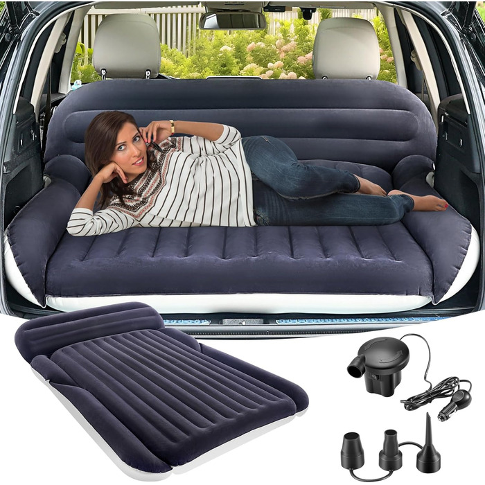 Надувний матрац SUV з 2 подушками – товстий, з фетром, для автомобіля – мобільні подорожі, кемпінг та відпочинок на природі – швидке надування та здування з електричним насосом