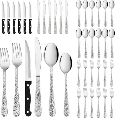 Herogo Cutlery Set, 6 Place Settings, 36-Piece Stainless Steel Cutlery Set with Knife, Fork, Spoon, Steak Knives, Modern Hammered Handle Flatware for Home/Party/Restaurant, Dishwasher Safe, Rustproof