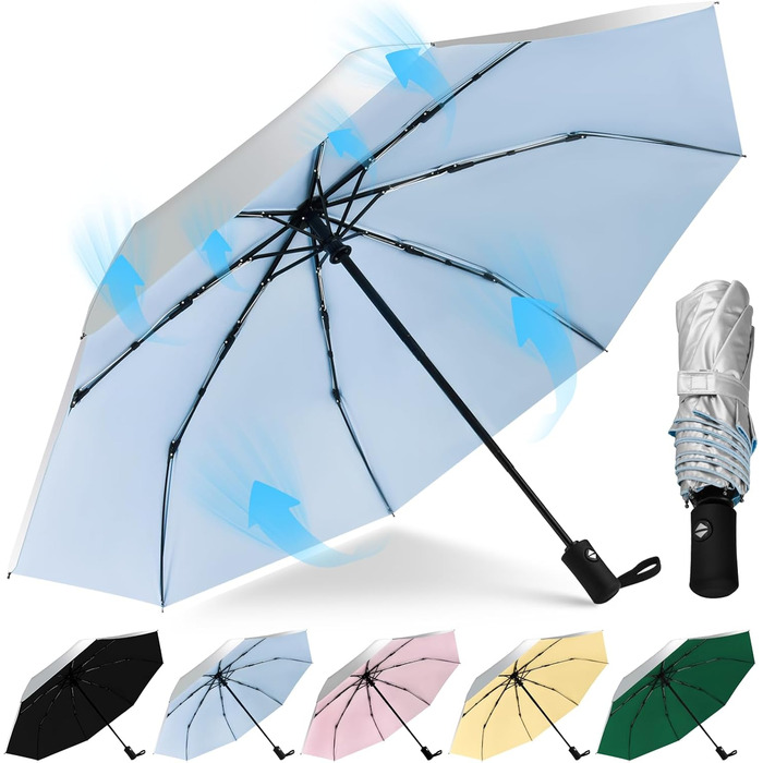 Зонт від сонця та дощу, 42/46 дюймів, штормостійкий, з 8 ребрами, для чоловіків та жінок (срібний/блакитний)