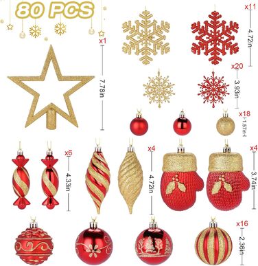 Набір прикрас на ялинку Alupssuc 80 шт. - ялинкові кулі різних форм, з гачками, для святкування Різдва, вечірок та весіль, колір шампань-золото (червоний & золотий)